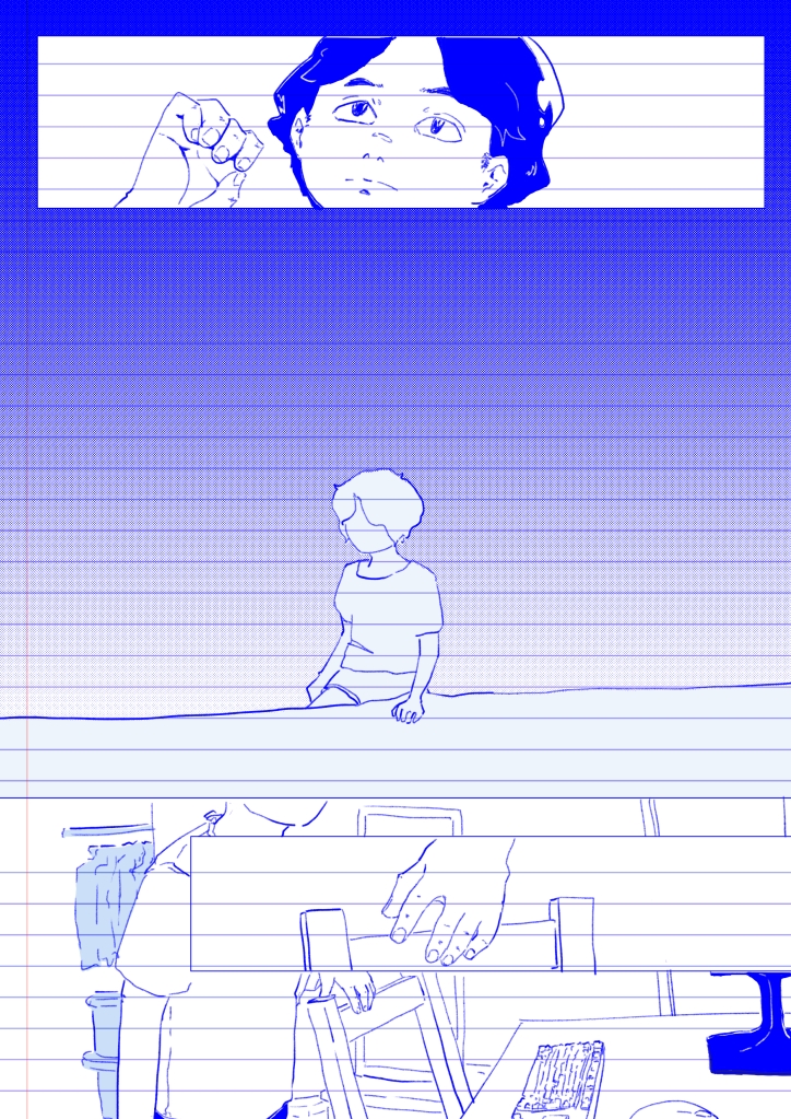 doodle about a comic page with paper texture, in the first vignette the face character in a close up, he is looking to the ceiling, second big bignette the character is sitting in his bed, third vignette the character is pulling the chair to sit and use his computer