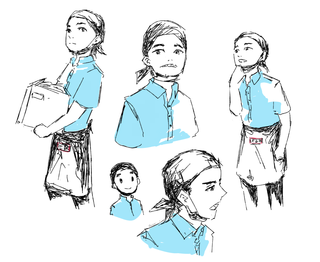 many doodles about a boy with blue tshirt and a black cap and black masck