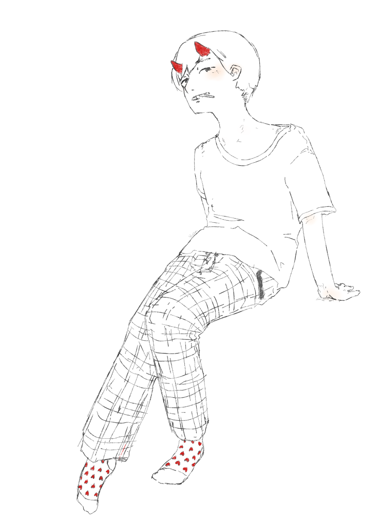 simple lines illustrations, a boy with horns in pajama with a cute and a little erotic pose